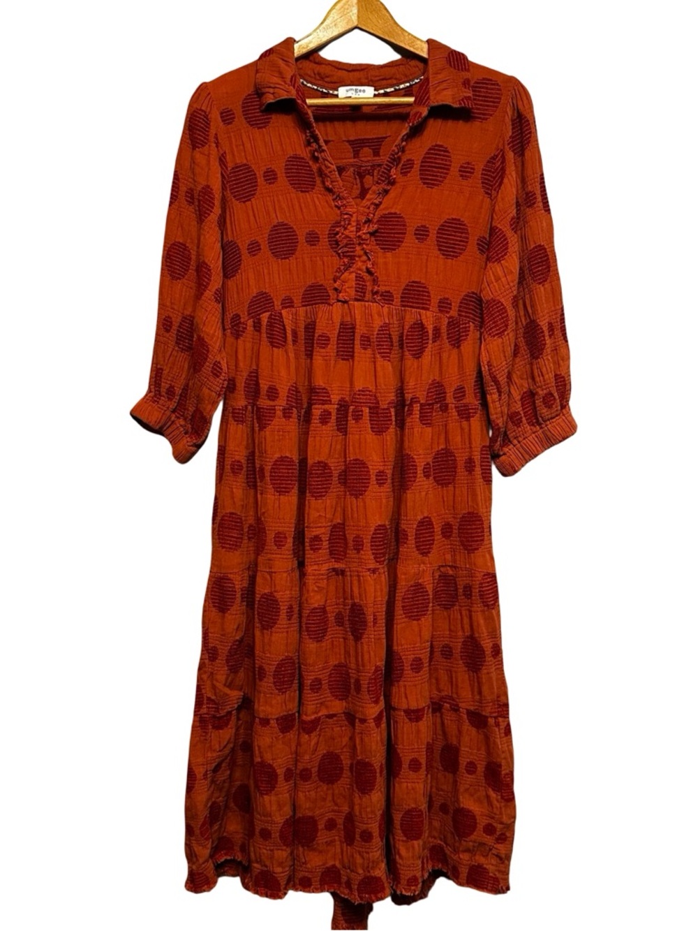 Umgee Orange Textured Dot Tiered Midi Dress Medium Flowy Boho Western Collared